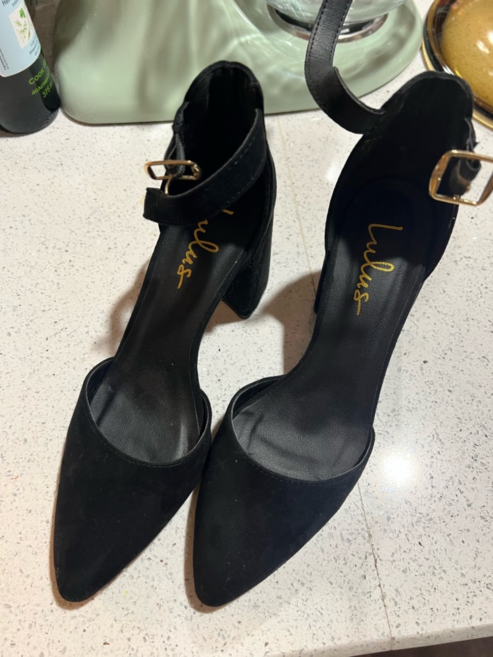 Lulu's Black Pointed-Toe Ankle-Strap Block Heels